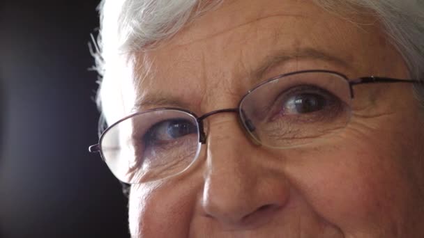 Portrait Senior Woman Staring Hope Humanity Closeup Grandma Reading Glasses — 图库视频影像