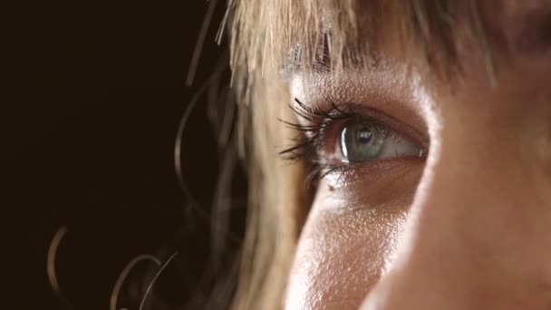 Closeup Human Blue Eye Expressing Excitement While Searching Idea Inspiration — Vídeo de stock