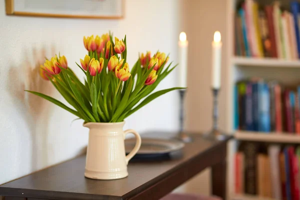 Bouquet Yellow Tulips Vase Living Room Decoration Centrepiece Symbolising Love — Photo