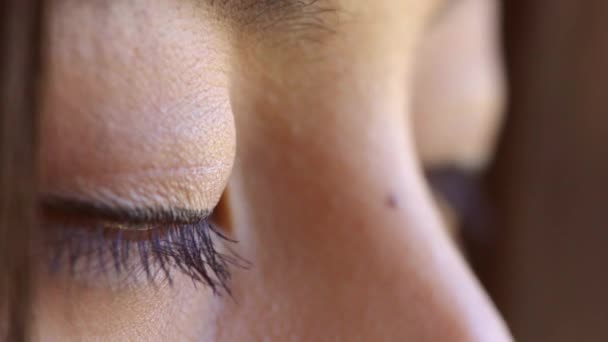 Closeup Womans Face Big Eyes Looking Away Distance Macro View — Stockvideo