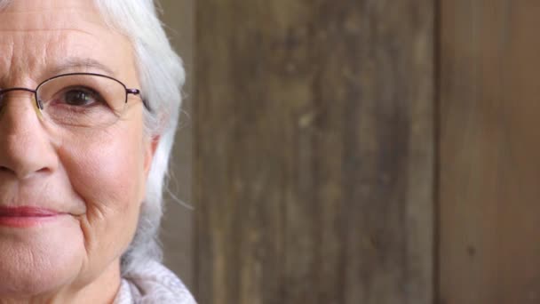 Closeup Smiling Senior Woman Optometry Vision Optician Prescription Glasses Half — 图库视频影像