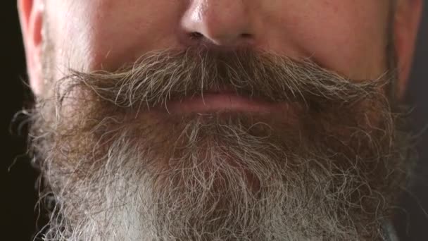 Closeup Smiling Man Crooked Teeth Thick Beard Details Mature Retro — Αρχείο Βίντεο