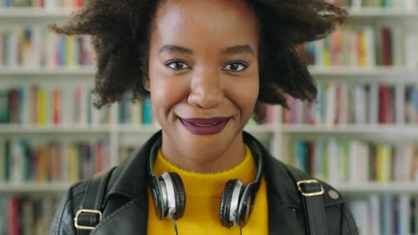 Portrait Trendy Female Student Standing Library Book Store Blur Background — Stock Video