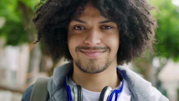 Trendy Afro American Man Smiling Outdoors Blur Background Portrait Confident — 图库视频影像