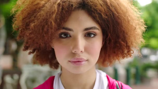 Closeup Portrait Face Head Beautiful Young Woman Afro Wearing Makeup — Αρχείο Βίντεο