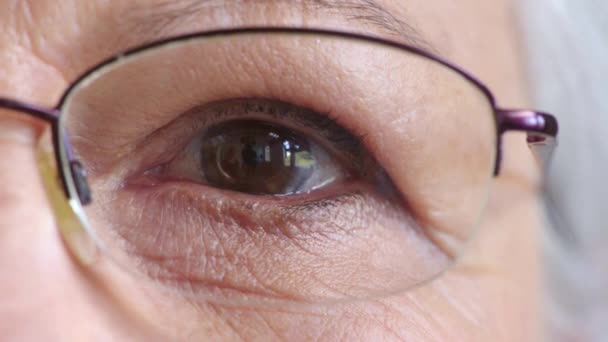Görme Yeteneğini Geliştirmek Için Gözlüklü Yaşlı Bir Kadının Yüzüne Yakın — Stok video
