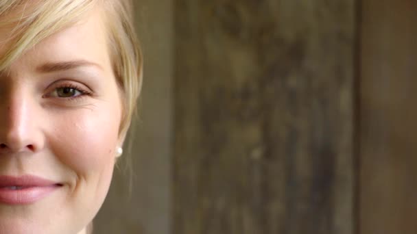 Half Face Happy Female Professor Isolated Wooden Background Copy Space — Videoclip de stoc