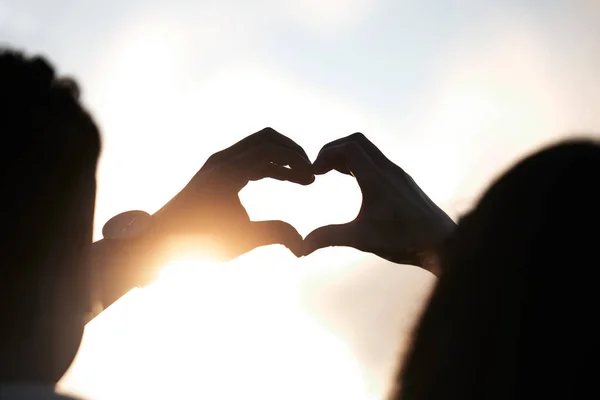 Unidentifiable Couple Making Heart Shape Hands Sunset — Photo