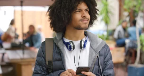 Happy Student Campus Taking Pictures His Phone Young Man University — Video Stock