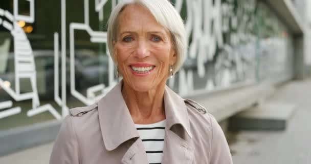 Portrait Smiling Senior Woman Out Traveling Urban City Confident Positive — 비디오