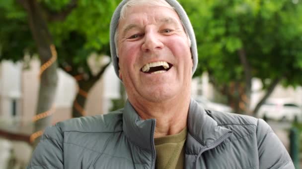 Closeup Senior Man Showing Oral Dental Hygiene White Teeth Dentures — Video