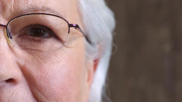 Closeup Portrait Senior Womans Eye Optometrist Side Half Retired Females — 图库视频影像