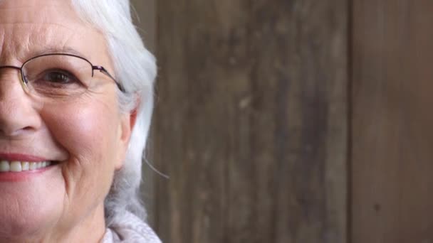 Closeup Laughing Senior Woman Prescription Glasses Improved Vision Half Portrait — Wideo stockowe