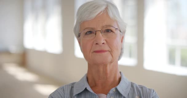 Portrait Serious Senior Woman Looking Camera Home Face Content Wise — Vídeo de Stock