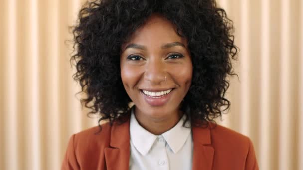 Portrait Laughing Businesswoman Indoors Beautiful Stylish Afro Woman Business Entrepreneur — Αρχείο Βίντεο
