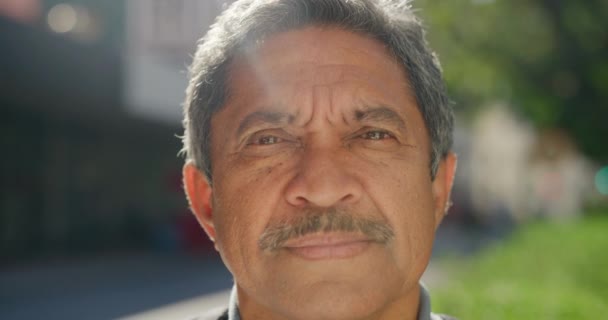 Closeup Portrait Senior Man Standing Street Retired Elderly Latino Gentleman — Video