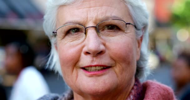 Portret Starszej Kobiety Okularach Uśmiechniętej Podczas Pobytu Mieście Twarz Pomarszczonej — Wideo stockowe