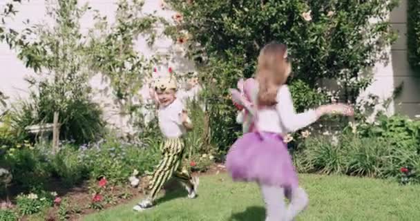 Video Footage Two Adorable Young Siblings Dressed Costumes Playing Together — Vídeo de Stock