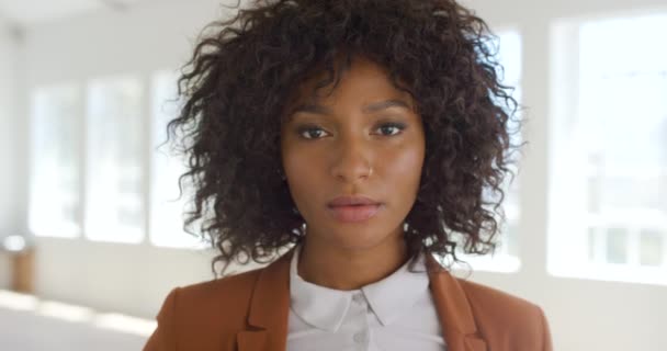 Face One Unsmiling Determined Female Business Professional Afro Headshot Stylish — Vídeo de stock