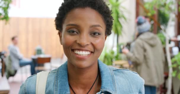 Closeup Laughing Woman Showing Cheerful Facial Expression Enjoying Day Cafe — Stock Video