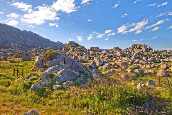 Rotsen Rotsblokken Een Ongecultiveerd Ruw Wandelgebied Tafelberg Kaapstad Zuid Afrika — Stockfoto