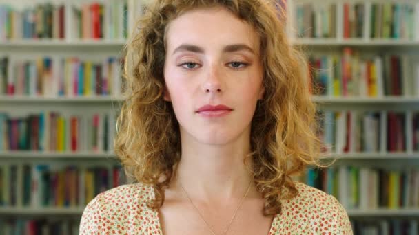 Portrait Young Female Student University College Library Woman Looking Educational — Stockvideo