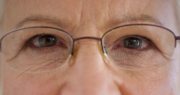 Cara Perto Uma Mulher Idosa Olhos Com Óculos Para Melhorar — Vídeo de Stock
