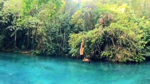 Video Footage Handsome Young Male Holiday Maker Swinging Tropical Lake — Stok Video