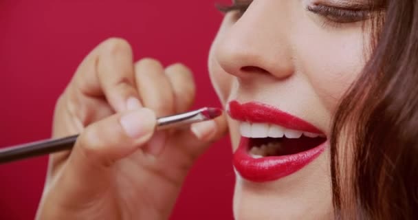 Video Footage Hand Applying Lipstick Brush Beautiful Young Woman Red — Video