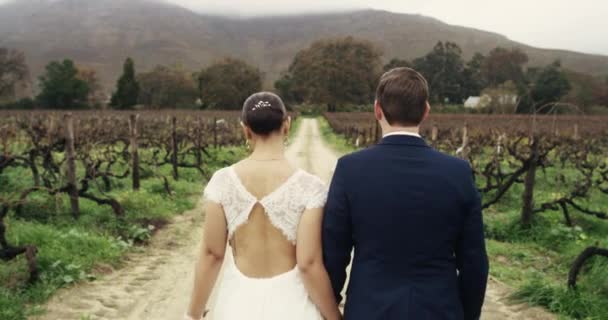 Video Footage Affectionate Young Newlywed Couple Walking Country Road While — Αρχείο Βίντεο
