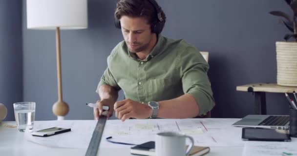 Video Footage Handsome Young Male Architect Working Blueprint While Wearing — Vídeo de stock