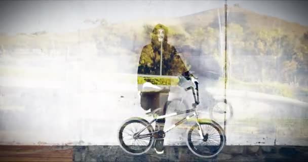 Video Footage Young Biker Superimposed Video Him Doing Stunts City — Αρχείο Βίντεο
