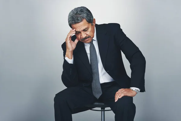 Studio Shot Mature Businessman Looking Stressed Out Grey Background — Stockfoto
