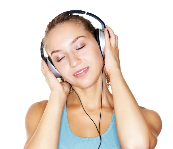 Linda Joven Mujer Disfrutando Música Sobre Auriculares Aislados Contra Blanco — Foto de Stock