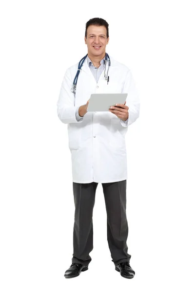 Full Length Studio Portrait Smiling Doctor Holding Digital Tablet Smiling — Zdjęcie stockowe