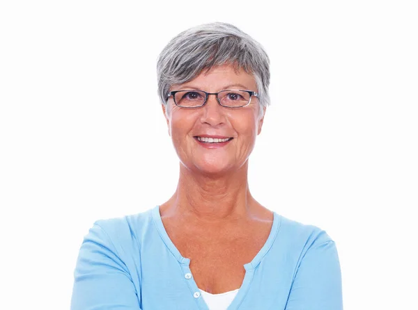 Primer Plano Mujer Madura Con Gafas Sonriendo Sobre Fondo Blanco —  Fotos de Stock