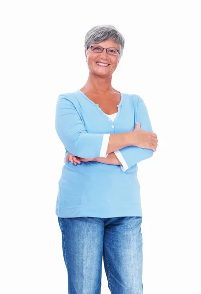 Casually Dressed Mature Woman Smiling White Background Hands Folded — Stockfoto