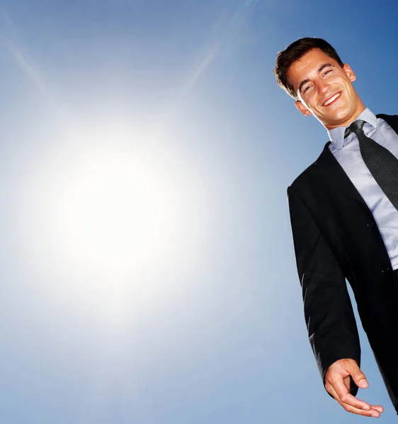 Note Inspector Composite Confident Male Entrepreneur Looking You Sky Copyspace — Foto Stock