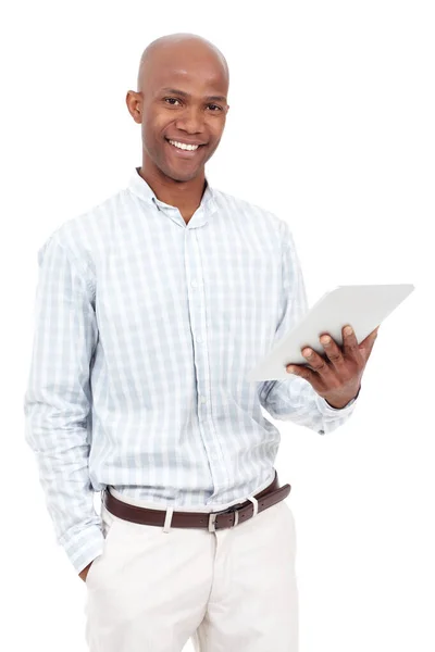 Studio Portrait Casually Dressed African American Man Using Digital Tablet — Stock Photo, Image