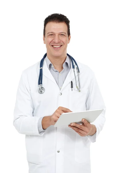 Studio Portrait Smiling Doctor Holding Digital Tablet Smiling Camera — Stok fotoğraf