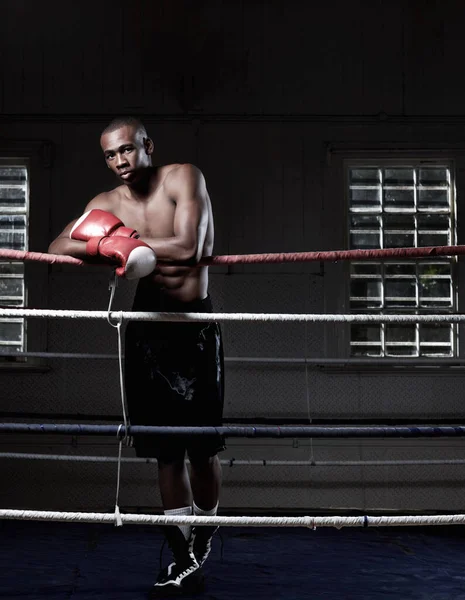 Full Length Handsome African American Male Boxer Standing Ring — Stock Photo, Image