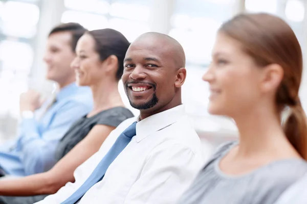 Handsome African American Businessman Smiles You While Attending Conference — Foto de Stock