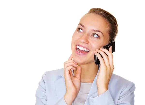 Happy Young Business Woman Having Conversation Cellphone Isolated White — Stock fotografie