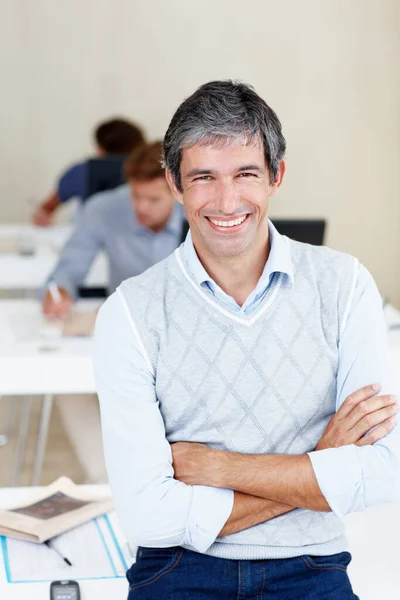 Portrait Smiling Office Manager His Team Working Him — Stok fotoğraf