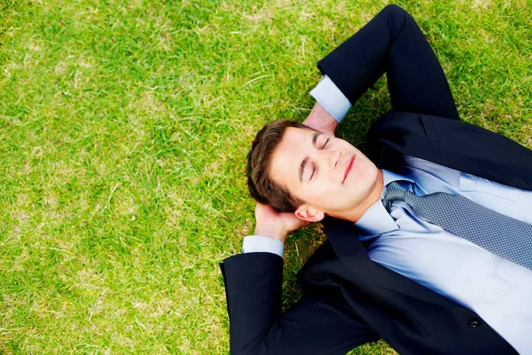 Relaxed Young Male Entrepreneur Sleeping Peacefully Grass Copyspace — 图库照片