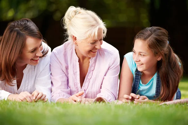 Three Generations Family Girls Lying Together Grass Park — Stockfoto