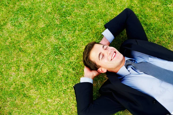 Young Male Business Executive Sleeping Grass Smiling Copyspace — 图库照片