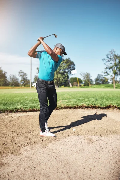 Focused Young Male Golfer Swing Play Shot His Golf Club — Stock Fotó