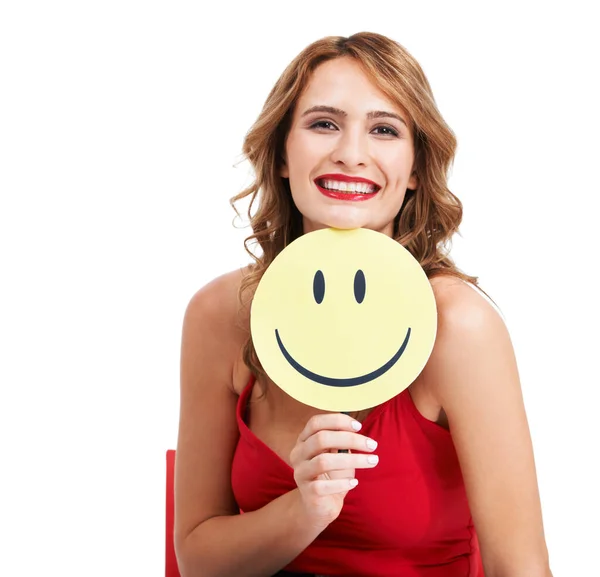 Charismatic Young Woman Holding Paddle Smiley Face — Fotografia de Stock