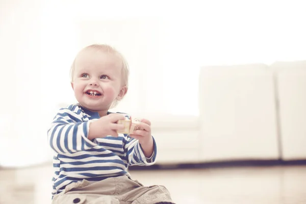 Cute Baby Boy Home Floor Playing Some Wooden Blocks — Stockfoto
